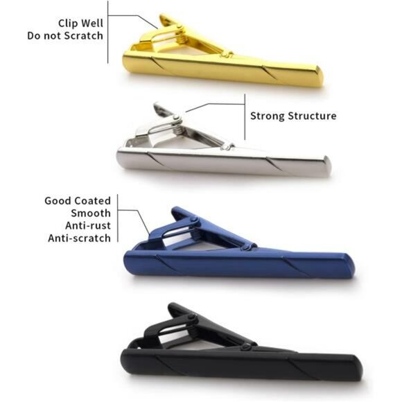 Men Tie Clip Set Black Gold Silver Blue Tie Bars for Wedding Business Gift Box - Picture 2 of 7